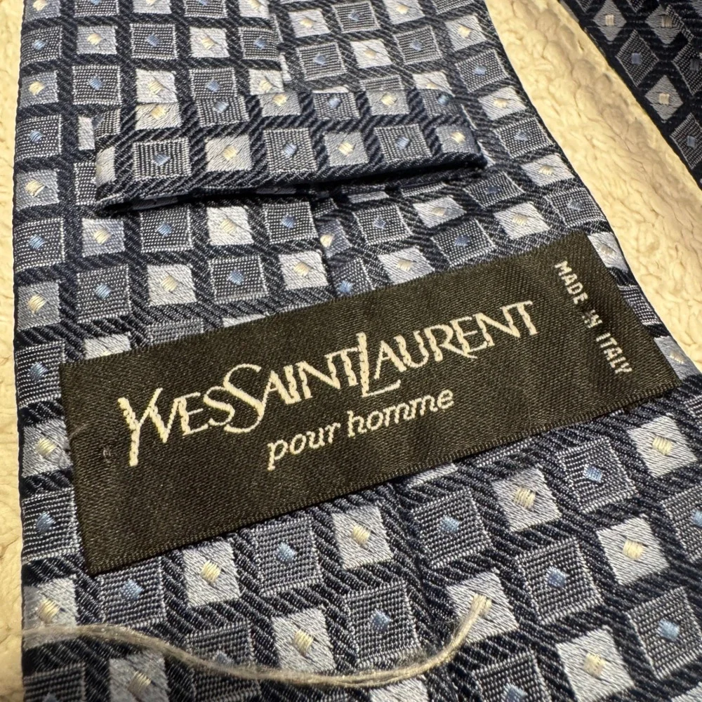 Yves Saint‎ Laurent Tie Blue Silk Geometric Check Luxury Designer Business Italy